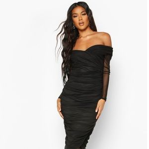 Off shoulder ruched mesh midi dress. Brand new